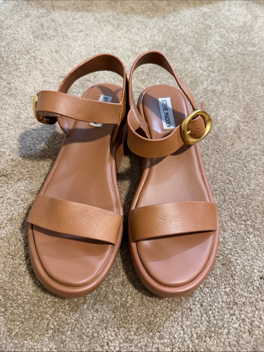 Steve Madden Cognac Leather Slingback Sandals with Gold Buckle